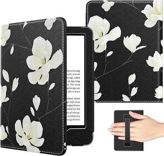 MoKo Case Fits All-New 6" Kindle (11th Generation, 2022 Release)/Kindle (10th Generation, 2019)/Kindle (8th Gen,2016),Ultra Lightweight PU Shell Cover with Auto Wake/Sleep - Black & White Magnolia