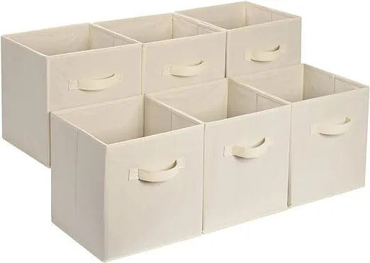 Amazon Basics Collapsible Fabric Storage Bins, Cube Organizer with Handles, 13 x 13 x 13 inch, Beige - Pack of 6