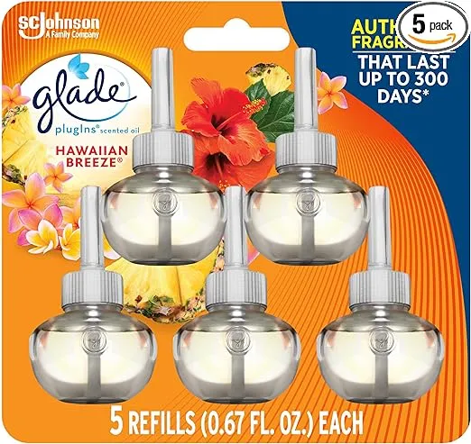 Glade PlugIns Refills Air Freshener, Scented and Essential Oils for Home and Bathroom, Hawaiian Breeze, 3.35 Fl Oz, 5 Count