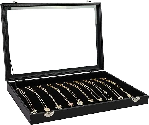 Wudygirl Necklace Organizer 20 Hooks Jewelry Organizer Jewelry Display Stackable Glass Top Lockable Black Velvet Boxes(Necklace Tray)