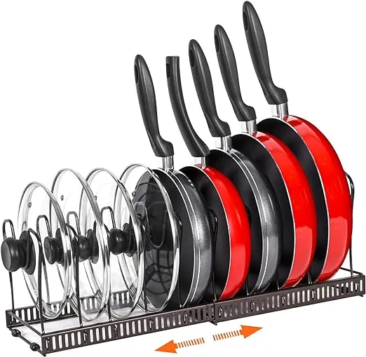 ROOHUA Pot Rack -Expandable Pan Organizer for Cabinet,Pot Lid Holder with 10 Adjustable Compartment for Kitchen Cabinet Cookware Baking Frying Rack,Bronze