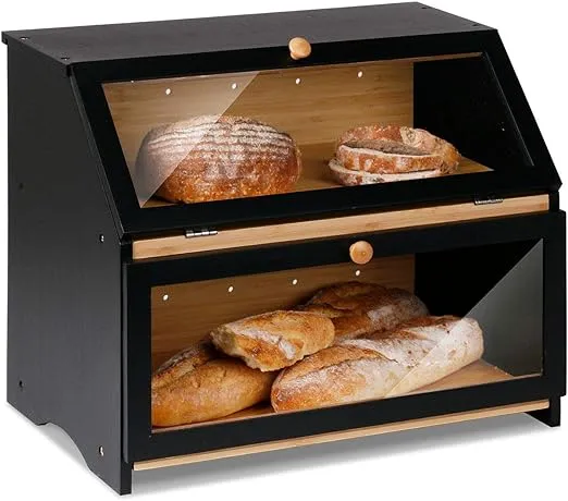 HOMEKOKO Double Layer Large Bread Box for Kitchen Counter, Wooden Large Capacity Bread Storage Bin (Black)