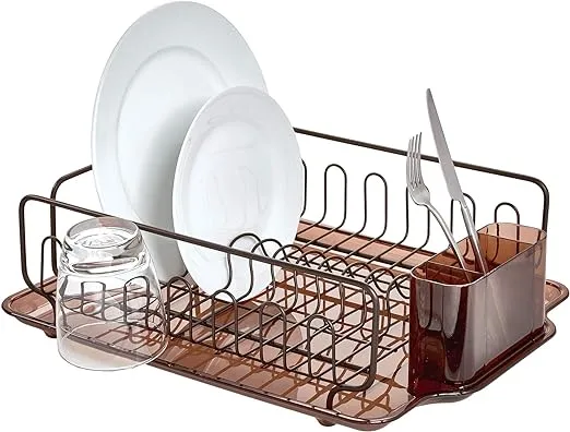 iDesign Forma Lupe Stainless Steel Metal Sink Dish Drainer Plastic Tray Kitchen Drying Rack For Glasses, Silverware, Bowls, Plates, 13.3" x 17.5" x 5.2", Bronze