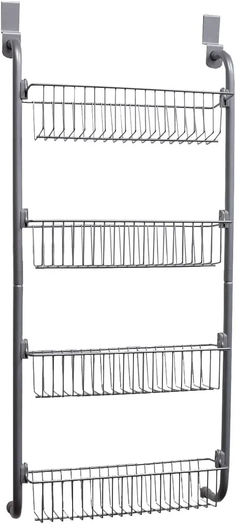 Home Basics Heavy Duty 4 Tier Over the Door Storage Shelf Hanging Cabinet Metal Pantry Rack Organizer Spice Space, Grey