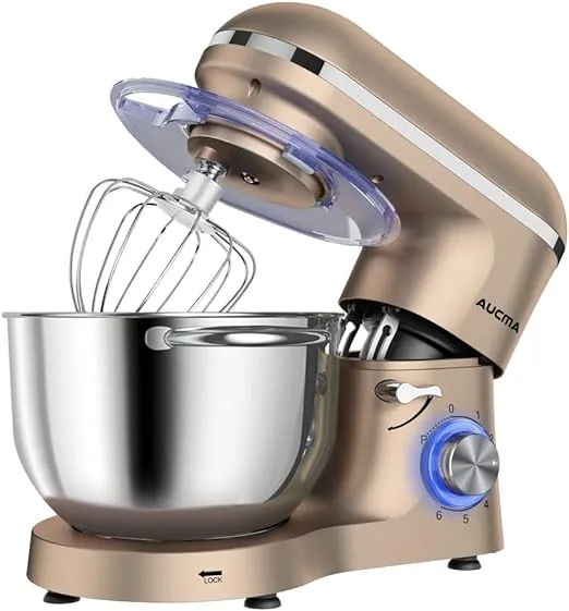 Aucma Stand Mixer,6.5-QT 660W 6-Speed Tilt-Head Food Mixer, Kitchen Electric Mixer with Dough Hook, Wire Whip & Beater (6.5QT, Champagne)