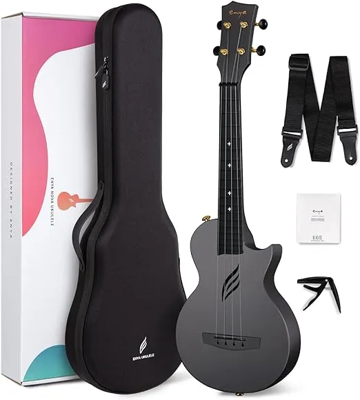 Enya Concert Ukulele Nova U 23’’ Carbon Fiber Travel Ukulele with Beginner Kit includes online lessons, case, strap, capo and strings (Black)