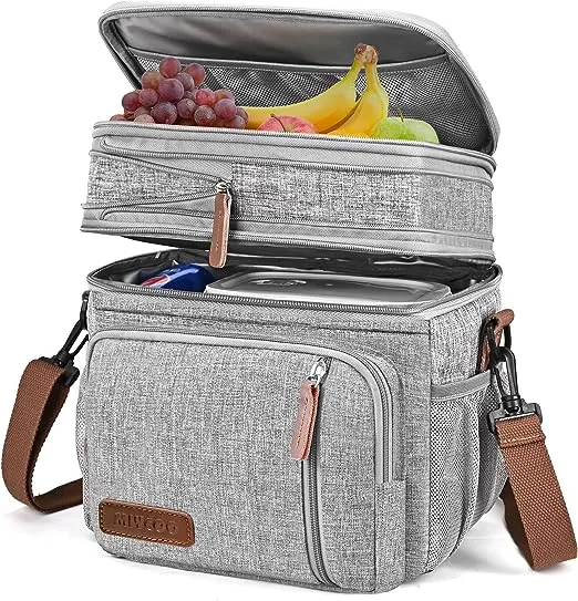 MIYCOO Lunch Bag for Women Men Double Deck Lunch Box - Leakproof Insulated Soft Large Adult Lunch Cooler Bag for Work, (Grey,15L)