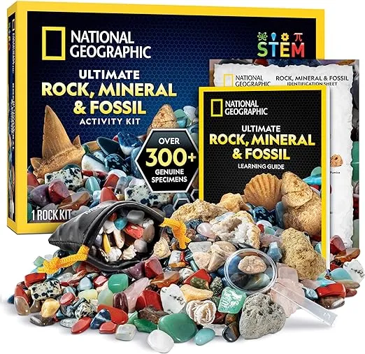 NATIONAL GEOGRAPHIC Rock Collection Box for Kids – 300 Piece Gemstones and Crystals Set Includes Geodes and Real Fossils, Rocks and Minerals Science Kit for Kids, A Geology Gift for Boys and Girls