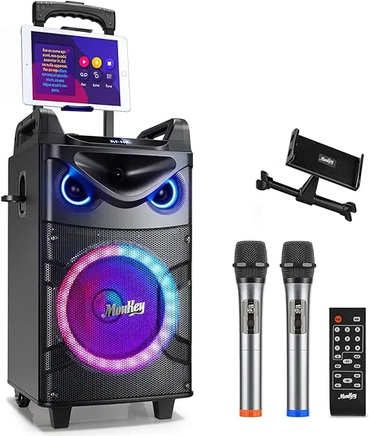 Moukey Karaoke Machine, 10" Woofer Portable PA System, Bluetooth Speaker with 2 Wireless Microphones, Lyrics Display Tablet Holder, Party Lights & Echo/Treble/Bass Adjustment Support REC/AUX/USB/TF