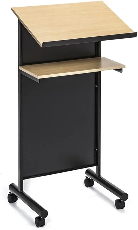 Audio-Visual Direct Wheeled Lectern - Standing Desk with Storage Shelf - Beech/Black - Ideal for Presentations and Laptop Use