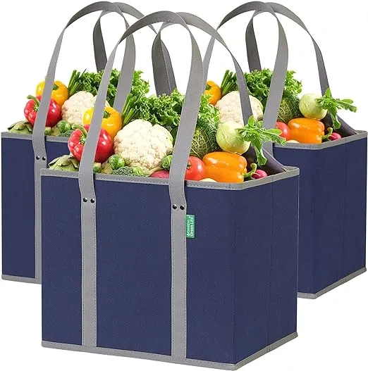 Reusable Grocery Bags (3 Pack) – Heavy Duty Reusable Shopping Bags with Box Shape to Stand Up, Stay Open, Fold Flat – Large Tote Bags are Foldable with Long Handles & Hard Bottom (Navy Blue)