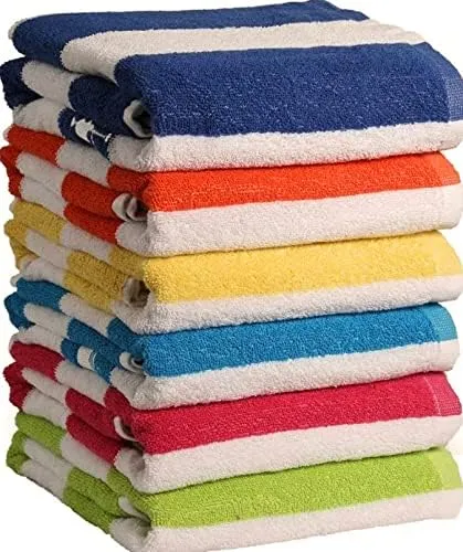 QUBA LINEN - 100% Cotton Bath Towel, Pack of 6, Cabana Stripe Beach Towels, Large Pool Towels (30" x 60”), Highly Absorbent, Light Weight, Soft and Quick Dry Swim Towels, for Parties, Guests