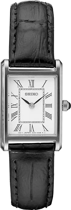 SEIKO Essentials Watch for Women - Essentials - Water Resistant with Stainless Steel Rectangular Case and Leather Strap