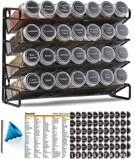 SpaceAid Spice Rack Organizer with 28 Spice Jars, 386 Spice Labels, Chalk Marker and Funnel Set for Cabinet, Countertop, Pantry, Cupboard or Door & Wall Mount - 28 Jars, 13.4" W × 10.8" H, Black