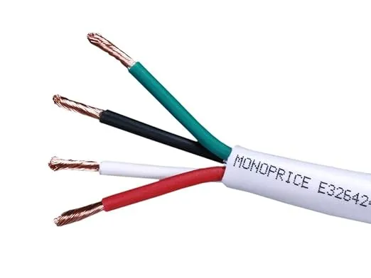 Monoprice Access Series 18 Gauge AWG CL2 Rated 4 Conductor Speaker Wire/ Cable - 100ft Fire Safety In Wall Rated, Jacketed In White PVC material 99.9% Oxygen-Free Pure Bare Copper