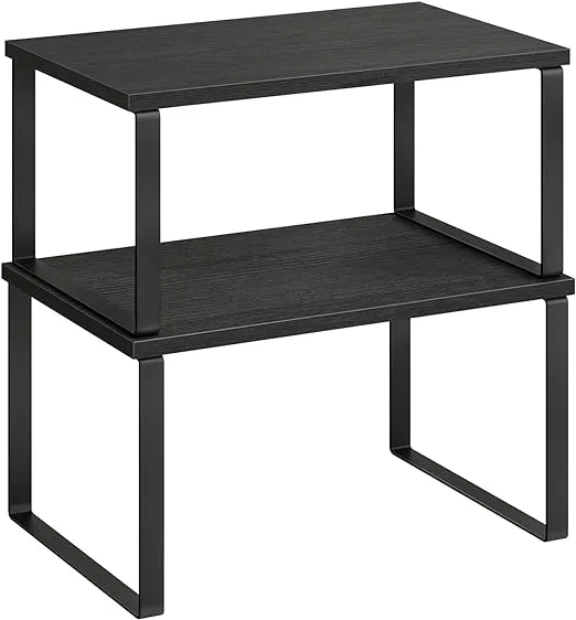 SONGMICS Cabinet Organizer Shelf, Set of 2 Kitchen Counter Shelves, Kitchen Storage, Spice Rack, Stackable, Expandable, Metal and Engineered Wood, Ink Black and Ebony Black UKCS02B01