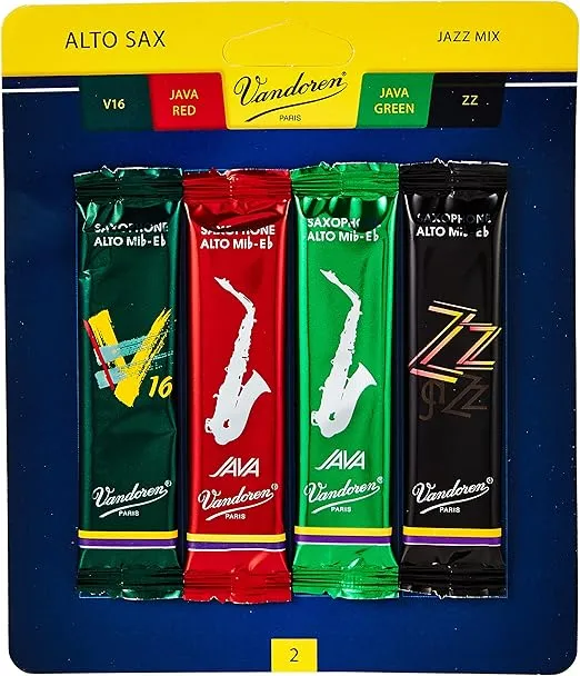 Vandoren SRMIXA2 Alto Sax Jazz Reed Mix Card includes 1 each ZZ, V16, JAVA and JAVA Red Strength 2