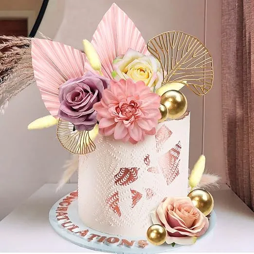 Boho Cake Topper Flower Cake Topper Pink Palm Leaves Cake Decorations with Artificial Rose Ginkgo Leaves and Balls for Wedding Baby Shower Birthday Boho Flower Themed Party Supplies (Pink)