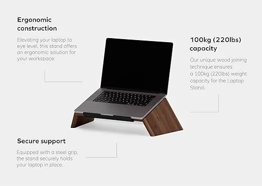 Oakywood Wooden Slanted Laptop Stand for Desk – Convenient Laptop Riser & Holder for Desk – Ergonomic Laptop Desk Stand Wood – 50x25x15cm – for 15-16" Laptops Walnut