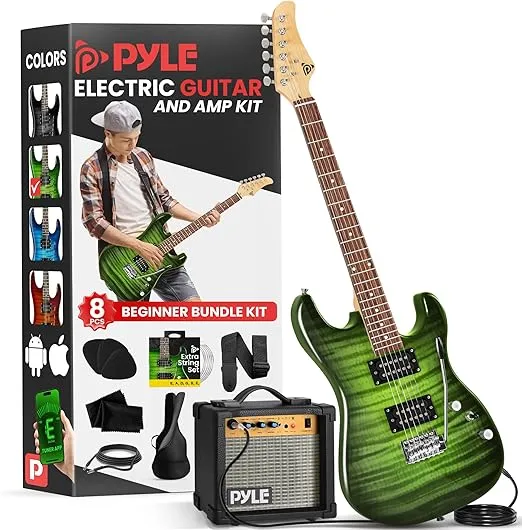 Pyle Electric Guitar Kit with Amp, Full Size Instrument with Humbucker Pickups, Guitarra Electrica Amplifier and Beginner Bundle Accessories, 39" Green