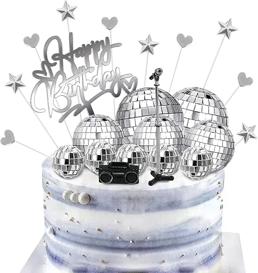 23PCS Disco Ball Cake Toppers 70's Disco Theme Cake Decoration Set with DJ Bling Silver Mirror Balls Centerpiece and Mini Microphone Radio Toy Decor for Women Men 1970s Dance Birthday Party Supplies