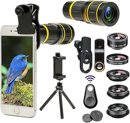 Godefa Cell Phone Camera Lens with Tripod+ Shutter Remote,6 in 1 18x Telephoto Zoom Lens/Wide Angle/Macro/Fisheye/Kaleidoscope/CPL, Clip-On lense Compatible for iPhone X 8 7 6s Plus, Samsung and More