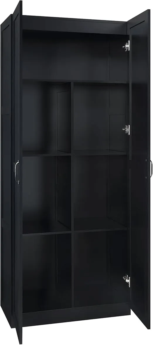 Manhattan Comfort Hopkins Modern Freestanding Storage Closet with 7 Spacious Shelves and Soft Close Doors, Multipurpose Wardrobe Cabinet for Bedroom, 72" High, Large, Black