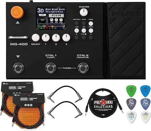 NUX MG-400 Multi Effects Pedal Bundle with 2 MXR Instrument Cables, 2 Patch Cables, 3.5mm Aux Cable and 6 Dunlop Picks