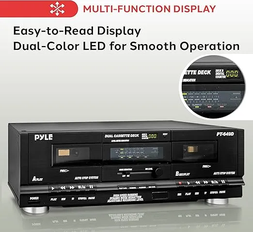 Pyle Home Digital Dual Cassette Deck Media Player Music Recording Device with RCA Cables Switchable Rack Mounting Hardware CrO2 Tape Selector Included 3 Digit Counter - 110V/220V