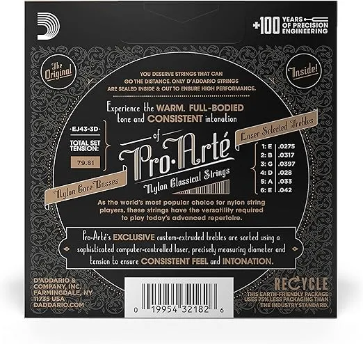 D'Addario Guitar Strings - Pro-Arte Classical Guitar Strings - EJ43-3D - Nylon Guitar Strings - Silver Plated Wound, Nylon Core - Light Tension, 3-Pack