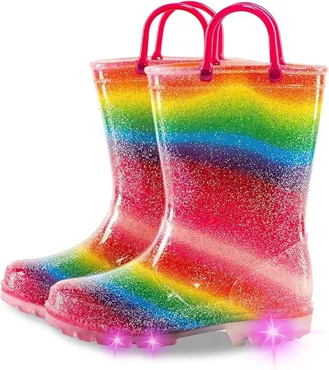 Kids Toddler Rain Boots for Girls Boys Light Up Waterproof Rain Shoes Patterns and Glitter Boot with Easy On Handles