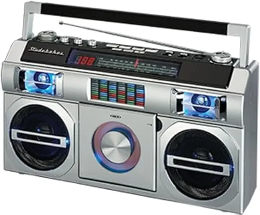 Studebaker SB2149S Master Blaster Bluetooth Boombox with 3 Way Power, AM/FM Radio, USB Port, CD Player with MP3 Playback, LED EQ and 10 Watts RMS Power in Silver