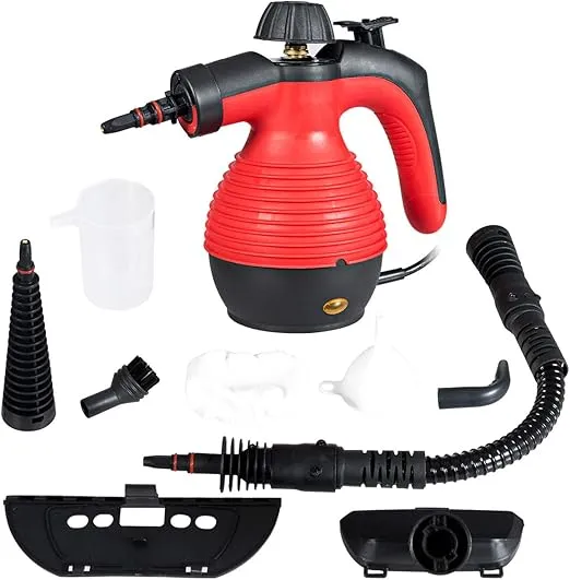 Goplus Handheld Pressurized Steam Cleaner with 9 Piece Accessories, Multipurpose Steamer w/Safety Lock for Carpet Curtain Car Seat, 1050W Portable Upholstery Steamer for Home Kitchen Bathroom(Red)