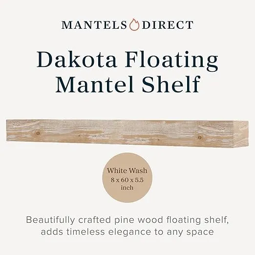 Dakota 60 Inch Floating Fireplace Mantel Shelf | Whitewash | Handcrafted Natural Pine Wood Shelves | Rustic Farmhouse Wall-Mounted Mantel for Fireplaces & Home Decor | 60” W x 5.5” H x 8” D