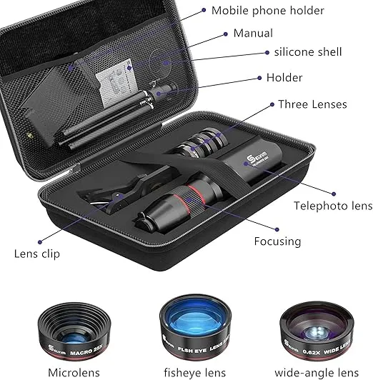 Selvim Phone Camera Lens Phone Lens Kit 4 in 1, 22X Telephoto Lens, 235° Fisheye Lens, 0.62X Wide Angle Lens, 25X Macro Lens, Compatible with iOS iPhone 10 8 7 6 6s Plus X XS XR Android Samsung -Black