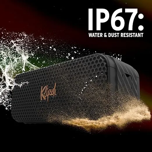 The Klipsch Nashville Portable Bluetooth Speaker with a 2.25" full range drivers for 360 degree audio, IP67 dust and waterproof rating, 24 hours of playtime for a premium live concert experience