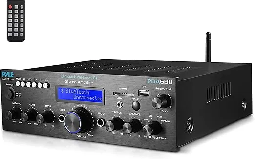 Pyle Wireless Bluetooth Power Amplifier System - 200W Dual Channel Sound Audio Stereo Receiver w/USB, SD, AUX, MIC w/Echo, Radio, LCD - Home Theater Entertainment via RCA, Studio Use - PDA6BU.6, Black