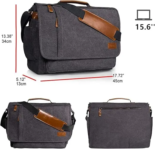 ESTARER Computer Messenger bag Water-resistant Canvas Shoulder Bag 15.6 Inch Laptop for Travel Work, Grey