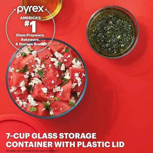 Pyrex Simply Store Glass Food Storage Container, Snug Fit Non-Toxic Plastic BPA-Free Lids, Freezer Dishwasher Microwave Safe, 7 Cup