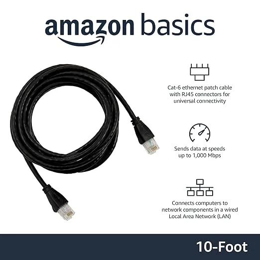 Amazon Basics RJ45 Cat 6 Ethernet Patch Cable, 1Gpbs Transfer Speed, Gold-Plated Connectors, 10 Foot For Personal Computer,Printer,Laptop,Gaming Consoles,Router, Black