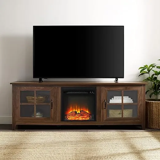 Walker Edison Bern Classic 2 Glass Door Fireplace TV Stand for TVs up to 80 Inches, 70 Inch, Walnut