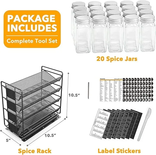 SpaceAid Pull Out Spice Rack Organizer with 20 Jars, Heavy Duty Slide Out Seasoning Organizer for Kitchen Cabinets, with 801 Labels and Chalk Marker, Left Facing