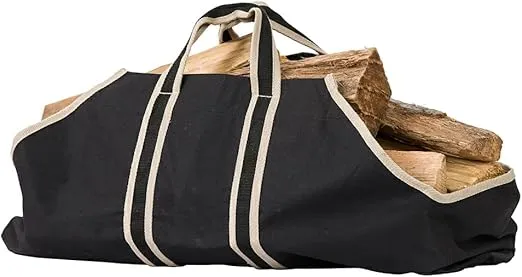 Modern Ember Black Log Carrier Bag - Conveniently Transport and Store Firewood - Lightweight Waxed Canvas with Nylon Webbing Handles