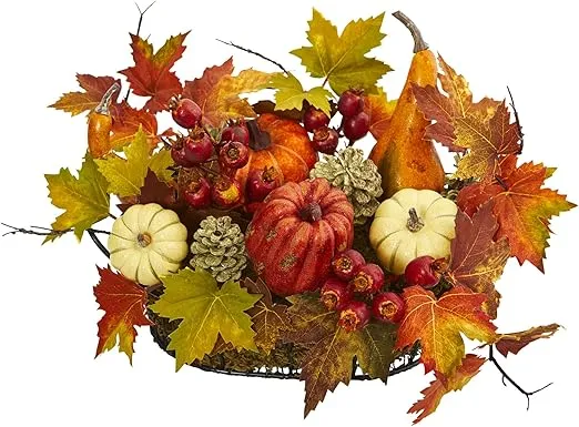 Nearly Natural Pumpkin, Gourd, Berry and Maple Leaf Artificial Arrangement 17 in. W x 12 in. D x 9 in. H