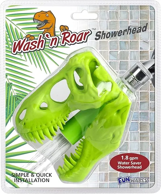 Funwares Wash n' Roar T-Rex Shower Head, Green - Shower Nozzle Shaped like a Tyrannosaurus Rex Skull