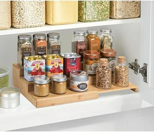 mDesign Bamboo Adjustable, Expandable Spice Rack Organizer with 3 Levels Storage for Kitchen Cabinet, Countertop, Pantry Shelf - Holds Spice Jars - Echo Collection - Natural