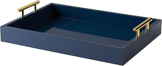 Kate and Laurel Lipton Decorative Tray with Polished Metal Handles, Navy Blue and Gold