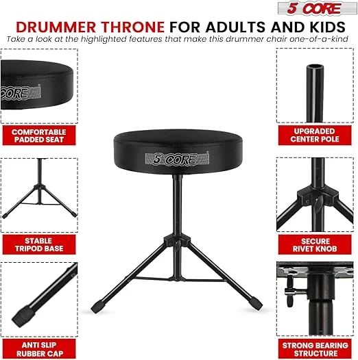 5 CORE Drum Throne Seat Padded Stool Height Adjustable Universal for Adults & Kids w/Anti Slip Rubber Feet (Black)