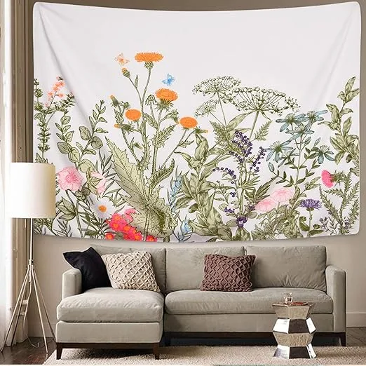 Alishomtll Colorful Floral Plants Tapestry Vintage Herbs Tapestry Wild Flowers Tapestry Wall Hanging Nature Scenery Tapestry for Living Room Bedroom