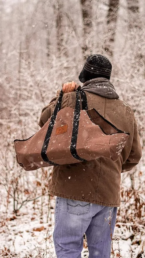 WHITEDUCK TUFF Large Firewood Carrier 21 Oz. Heavy Duty Waxed Canvas Fireplace Log Carrier Holders for Carrying Wood Indoors & Outdoor (Tan, Boat Shape (26"x17"x9"))